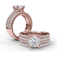 Three Row Stepped Engagement Ring Setting with Pavé Diamonds and Milgrain Detail by Fana - 0.58 Carat Total Diamond Weight