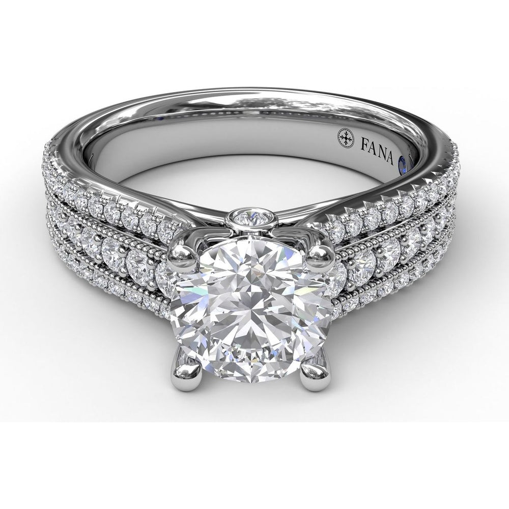 Three Row Stepped Engagement Ring Setting with Pavé Diamonds and Milgrain Detail by Fana - 0.58 Carat Total Diamond Weight