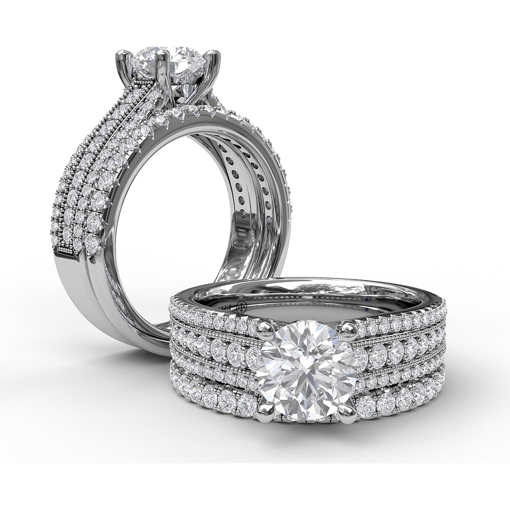 Three Row Stepped Engagement Ring Setting with Pavé Diamonds and Milgrain Detail by Fana - 0.58 Carat Total Diamond Weight