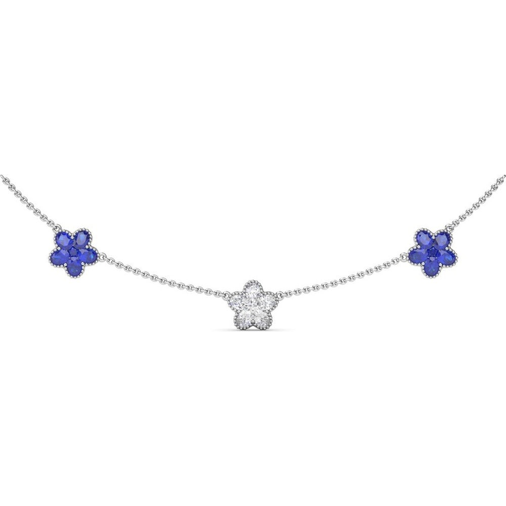 Three-Station Floral Necklace with Pavé Diamonds and Blue Sapphires by Fana - 3.63 Carat Total Gemstone Weight