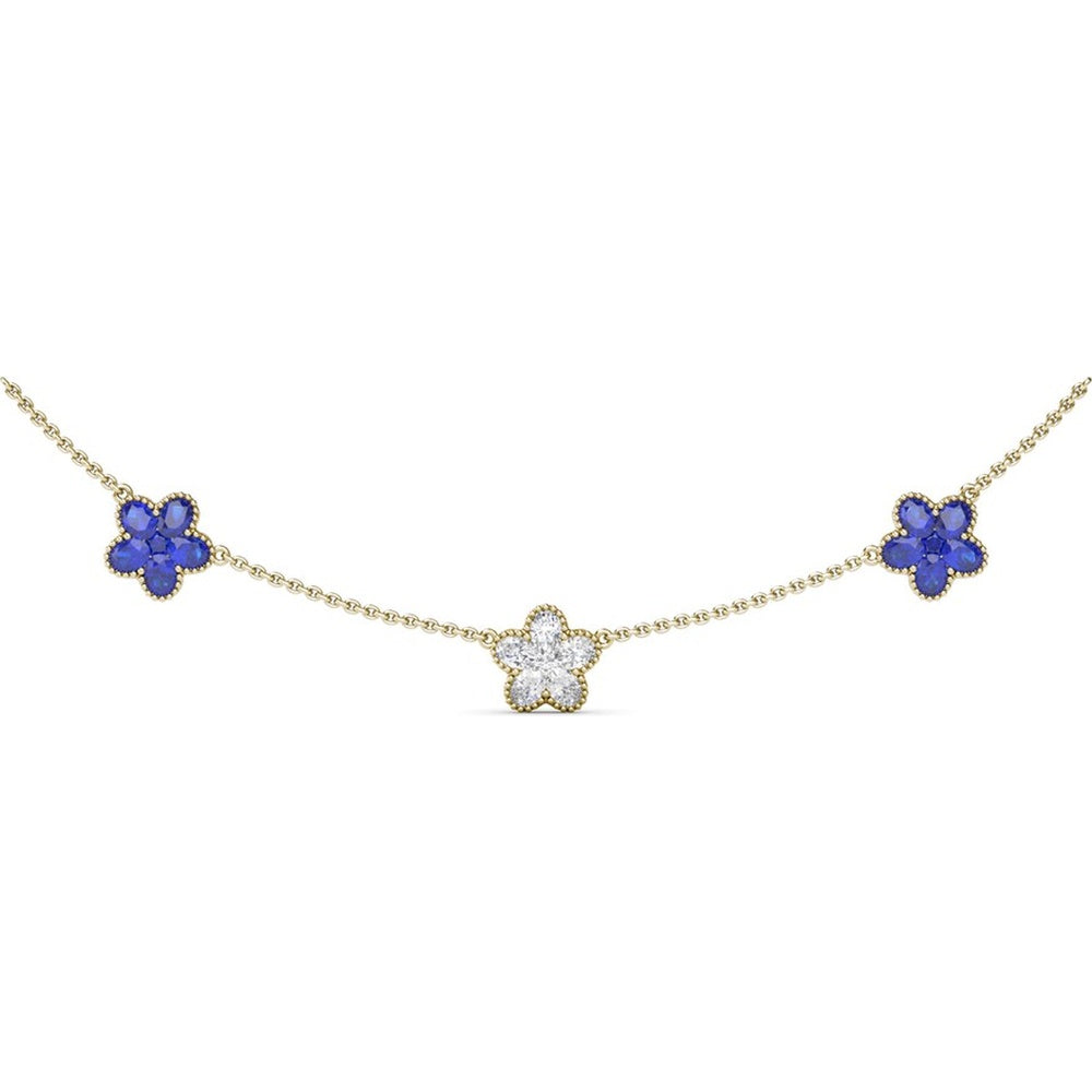 Three-Station Floral Necklace with Pavé Diamonds and Blue Sapphires by Fana - 3.63 Carat Total Gemstone Weight