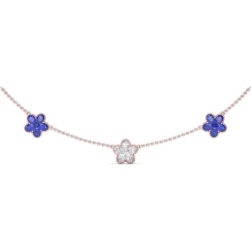 Three-Station Floral Necklace with Pavé Diamonds and Blue Sapphires by Fana - 3.63 Carat Total Gemstone Weight
