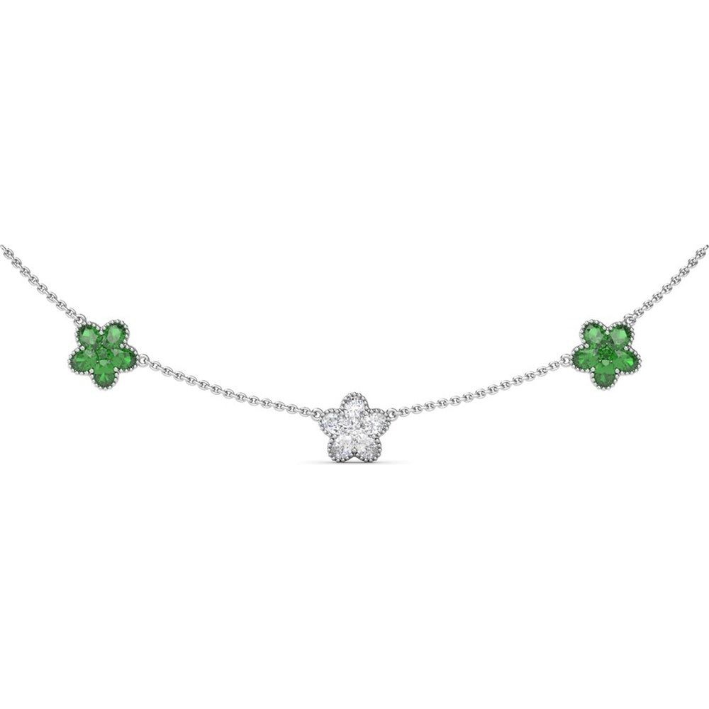 Three-Station Floral Necklace with Pavé Diamonds and Emeralds by Fana - 2.92 Carat Total Gemstone Weight