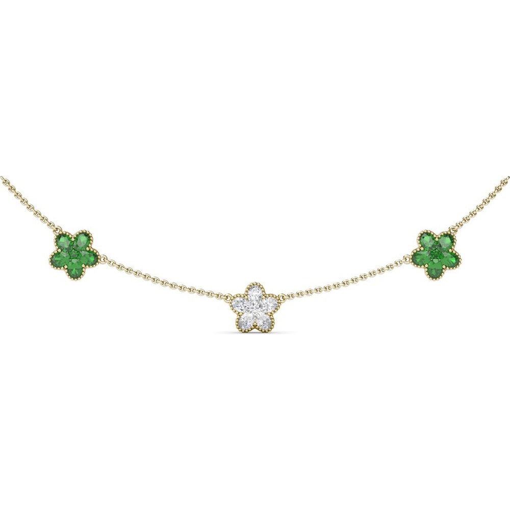 Three-Station Floral Necklace with Pavé Diamonds and Emeralds by Fana - 2.92 Carat Total Gemstone Weight