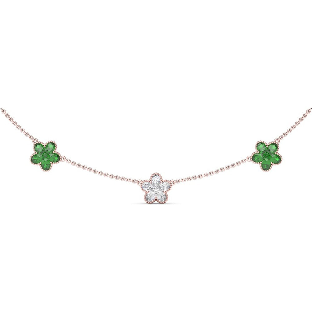 Three-Station Floral Necklace with Pavé Diamonds and Emeralds by Fana - 2.92 Carat Total Gemstone Weight
