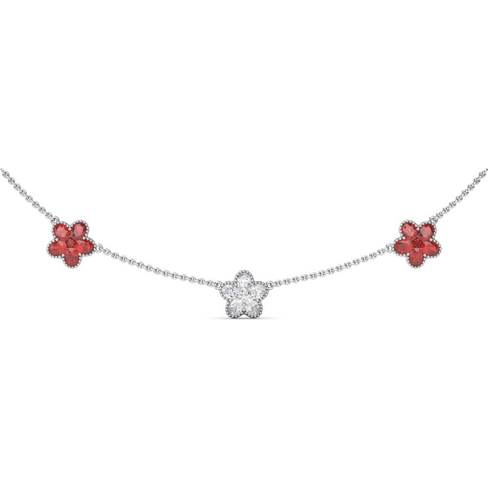 Three-Station Floral Necklace with Pavé Diamonds and Rubies by Fana - 3.63 Carat Total Gemstone Weight