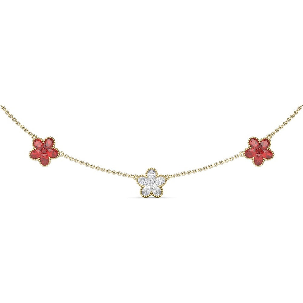 Three-Station Floral Necklace with Pavé Diamonds and Rubies by Fana - 3.63 Carat Total Gemstone Weight