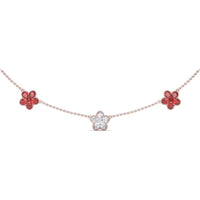 Three-Station Floral Necklace with Pavé Diamonds and Rubies by Fana - 3.63 Carat Total Gemstone Weight