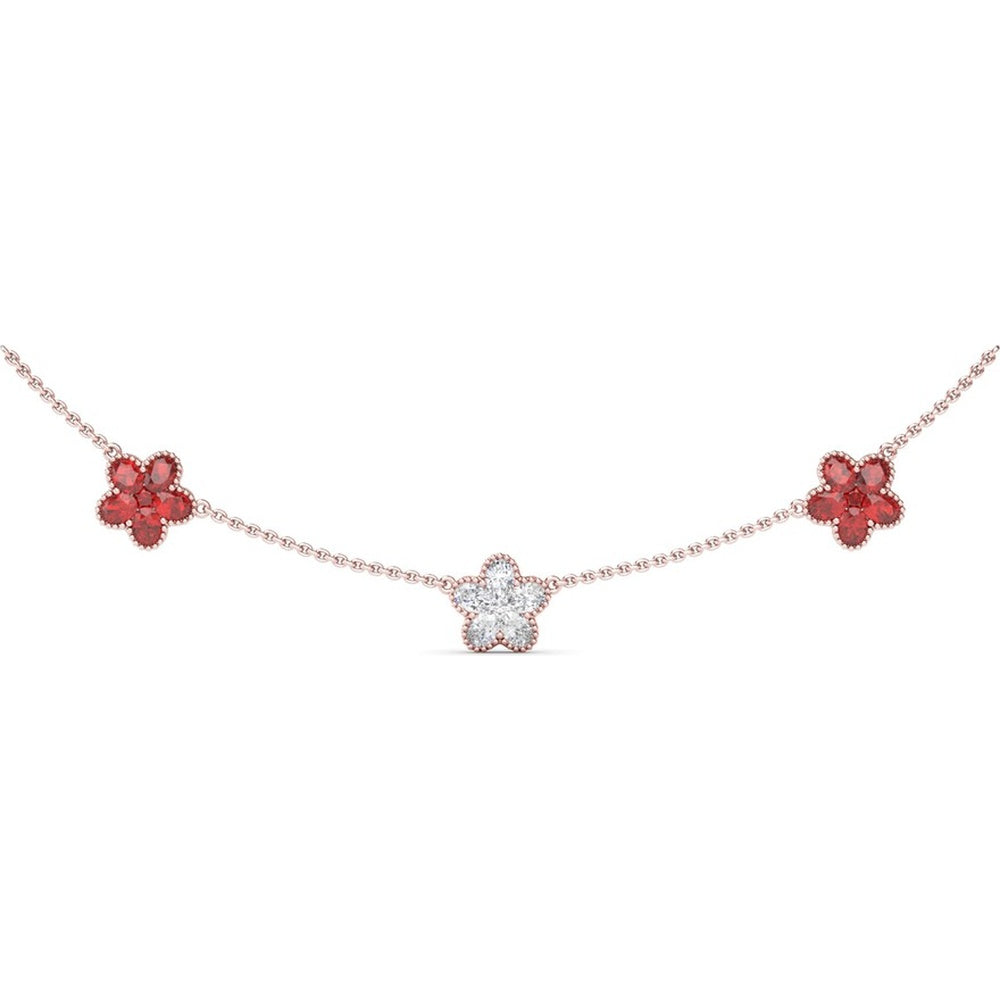 Three-Station Floral Necklace with Pavé Diamonds and Rubies by Fana - 3.63 Carat Total Gemstone Weight