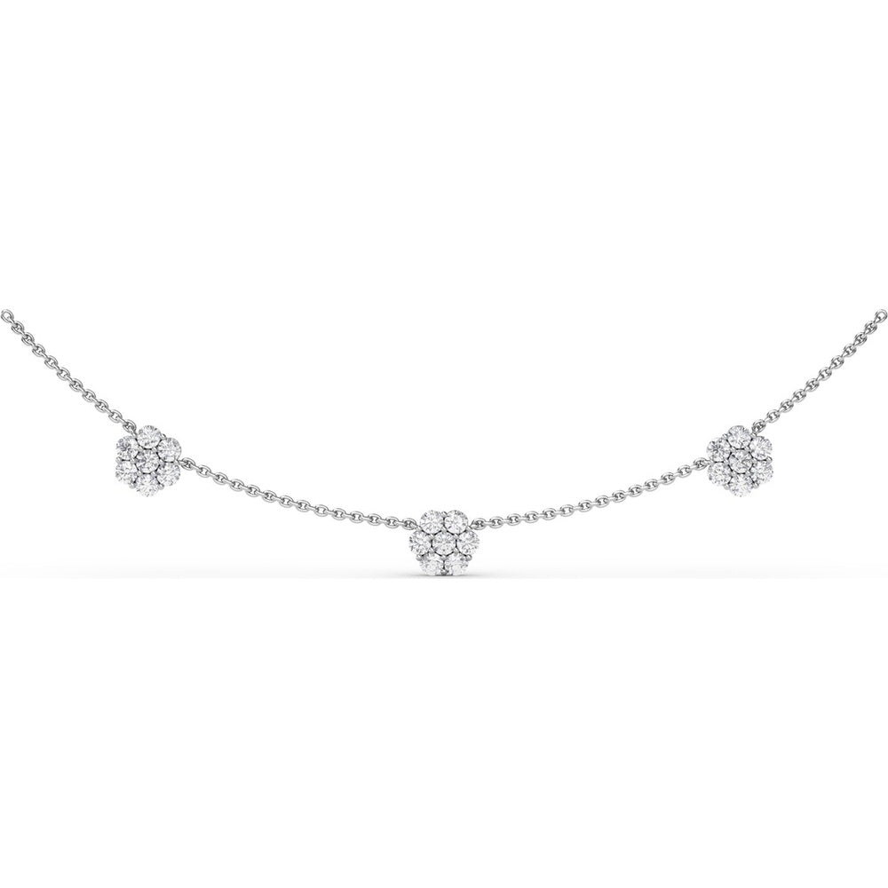 Three-Station Magnolia Diamond Cluster Necklace with Round Diamonds by Fana - 1.68 Carat Total Diamond Weight