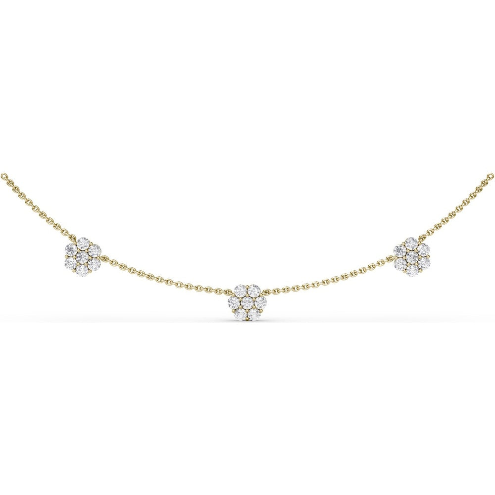 Three-Station Magnolia Diamond Cluster Necklace with Round Diamonds by Fana - 1.68 Carat Total Diamond Weight