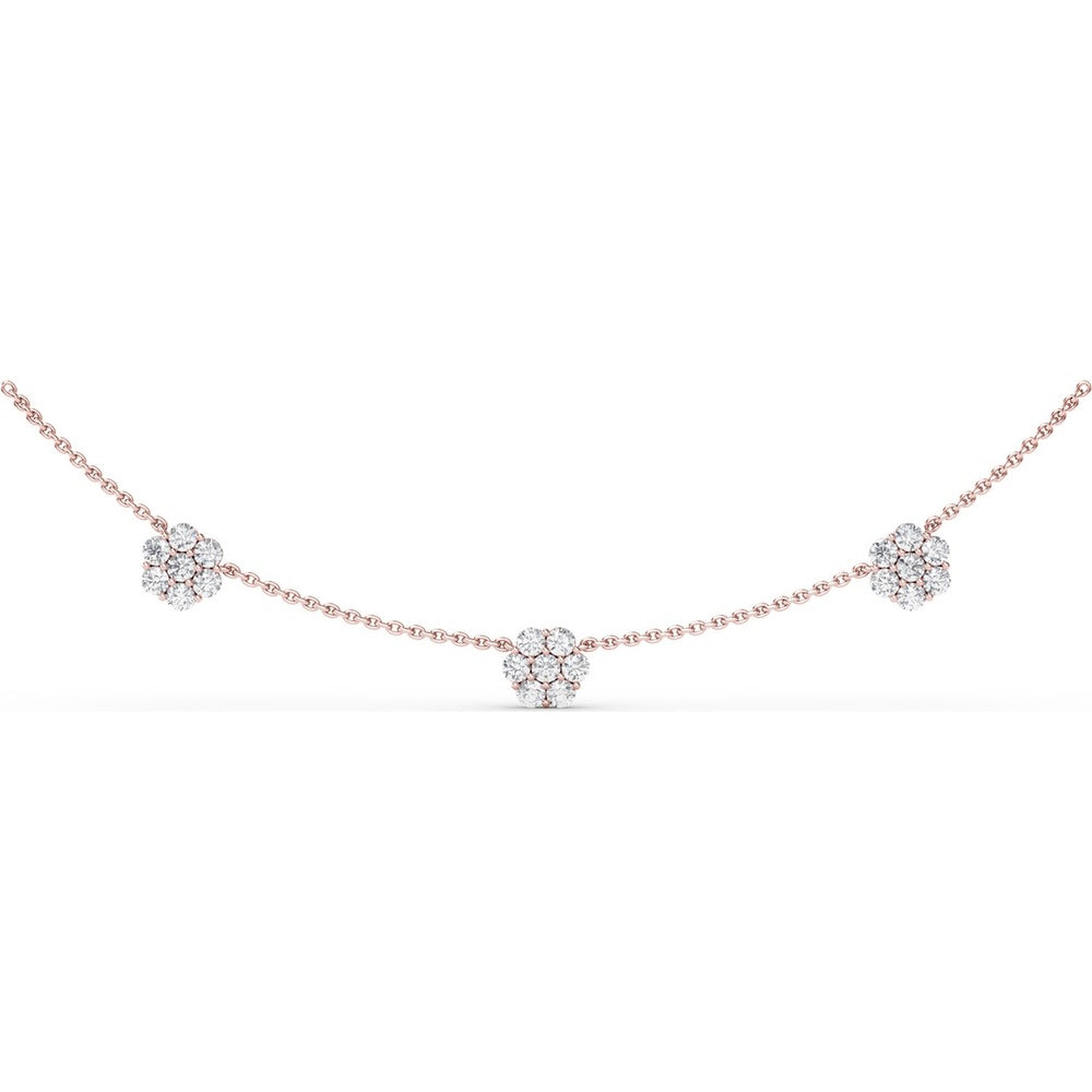 Three-Station Magnolia Diamond Cluster Necklace with Round Diamonds by Fana - 1.68 Carat Total Diamond Weight