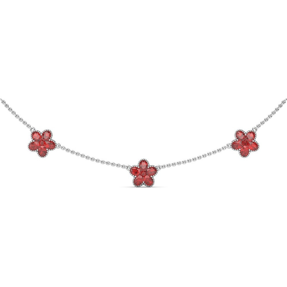 Three-Station Magnolia Necklace with Milgrain Detail and Round Rubies by Fana - 4.02 Carat Total Ruby Weight