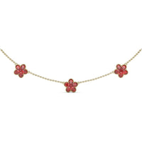 Three-Station Magnolia Necklace with Milgrain Detail and Round Rubies by Fana - 4.02 Carat Total Ruby Weight