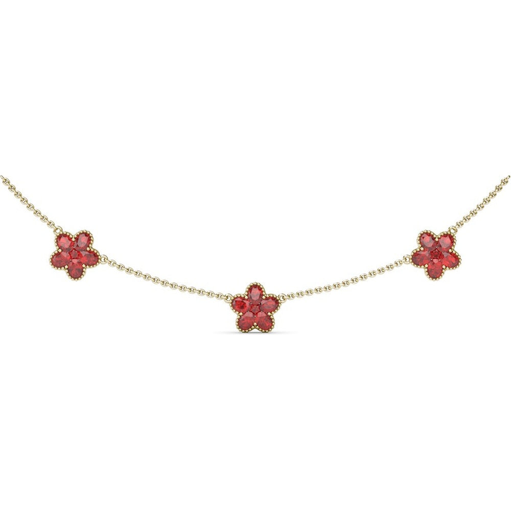Three-Station Magnolia Necklace with Milgrain Detail and Round Rubies by Fana - 4.02 Carat Total Ruby Weight