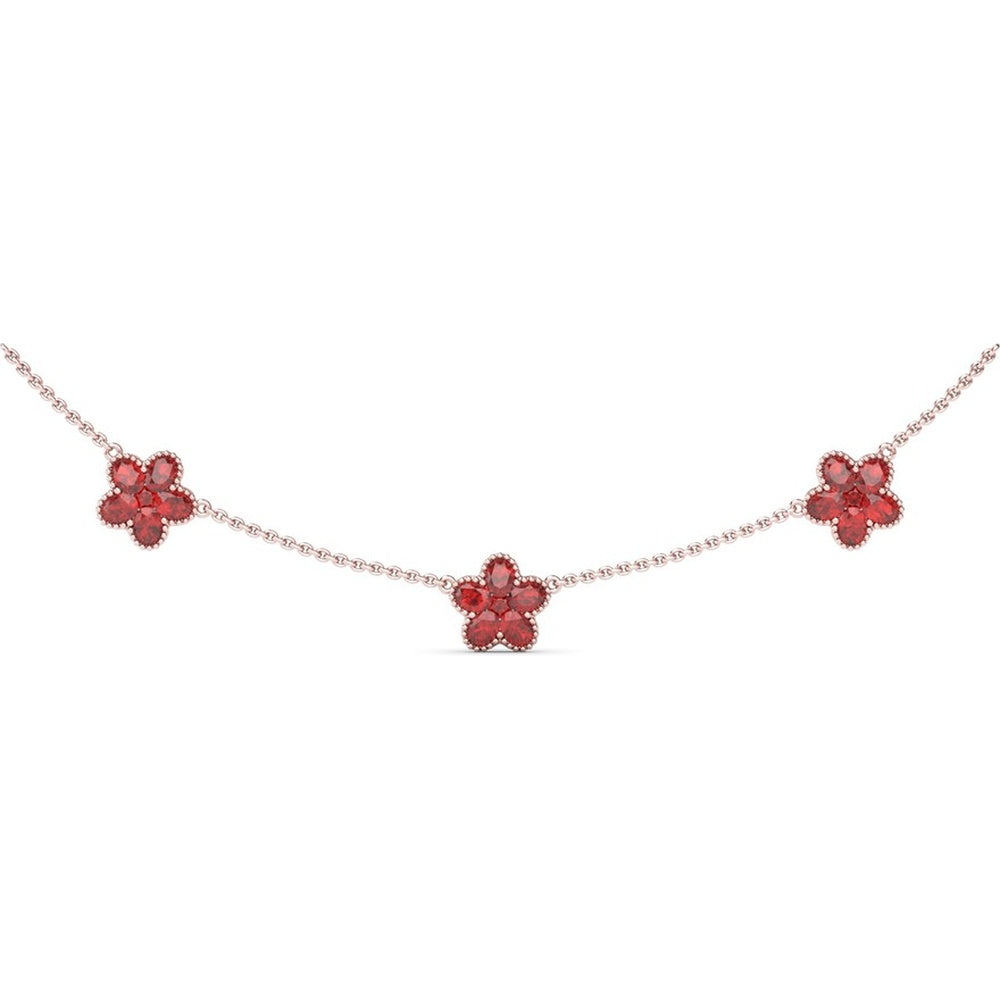 Three-Station Magnolia Necklace with Milgrain Detail and Round Rubies by Fana - 4.02 Carat Total Ruby Weight