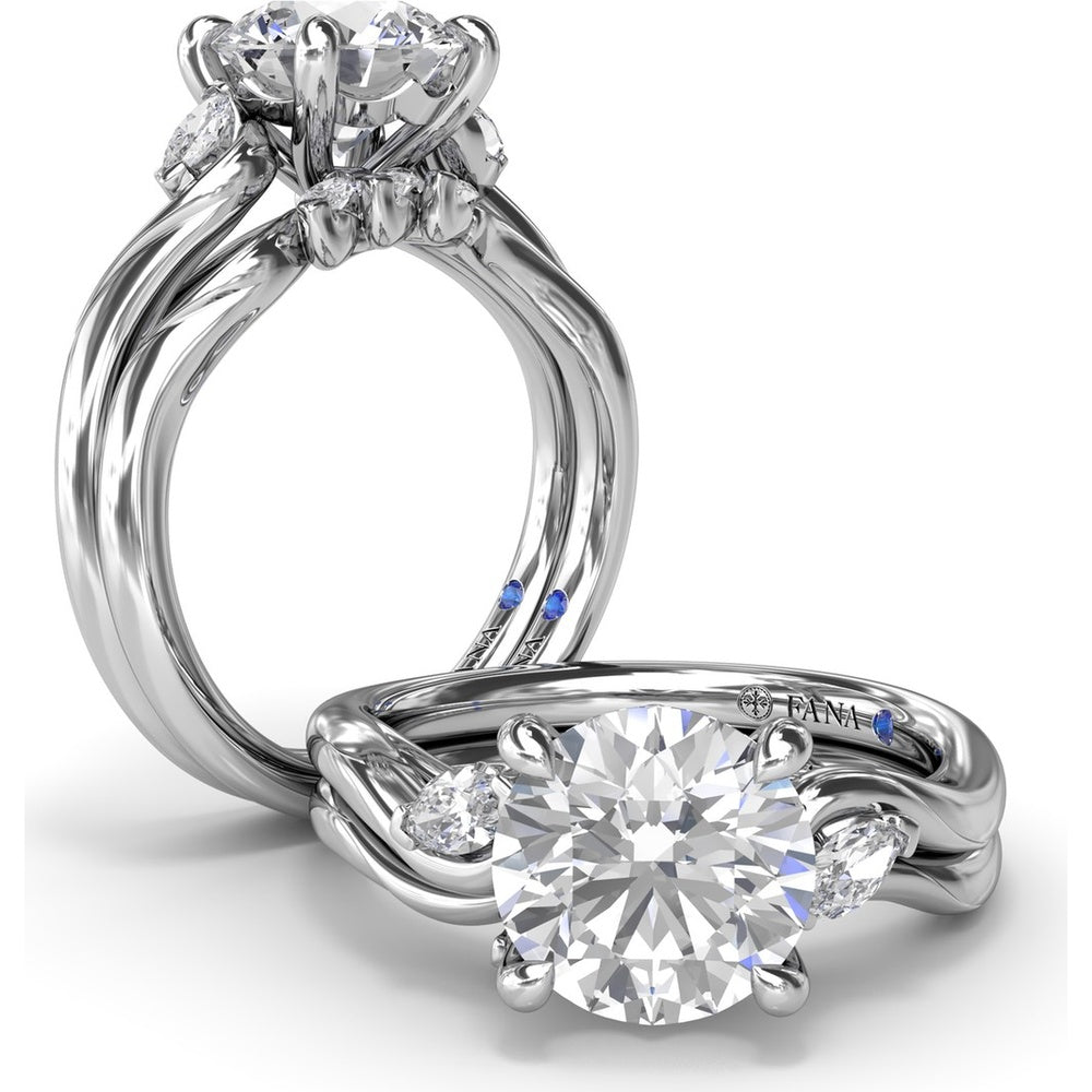 Three-Stone Curved Engagement Ring Setting with Pear Side Stones and Hidden Peek-a-Boo Diamond by Fana