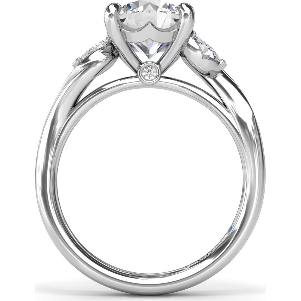 Three-Stone Curved Engagement Ring Setting with Pear Side Stones and Hidden Peek-a-Boo Diamond by Fana