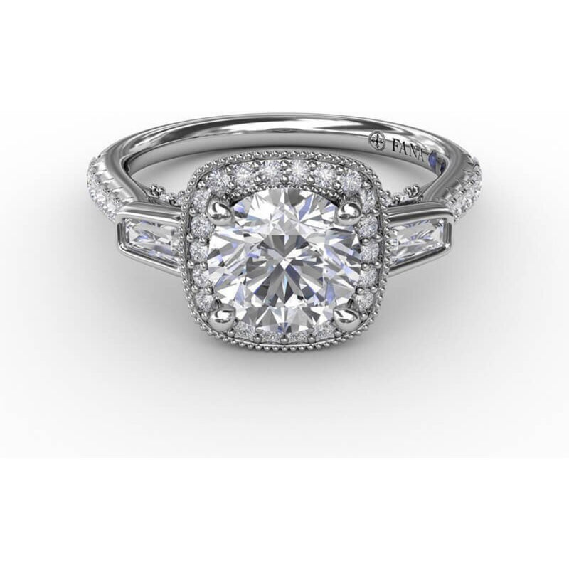 Fana Three-Stone Diamond Halo Engagement Ring With Baguette Side Stones