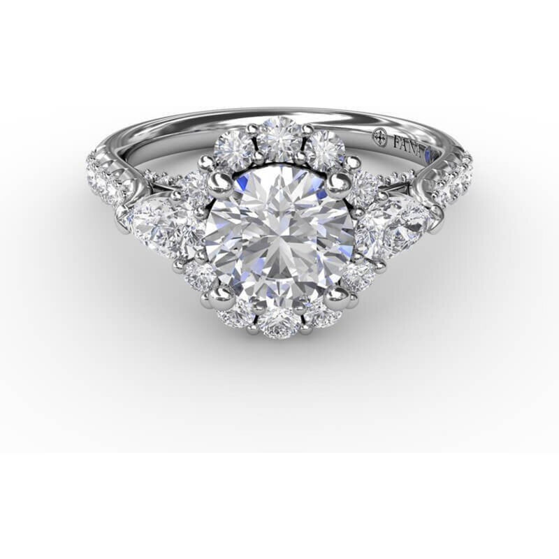 Fana Three-Stone Diamond Halo Engagement Ring With Pear-Shape Side Stones