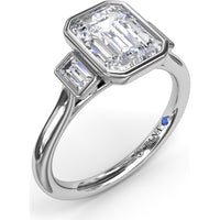 Three-Stone Emerald Cut Bezel Engagement Ring Setting with Peek-A-Boo Diamond by Fana