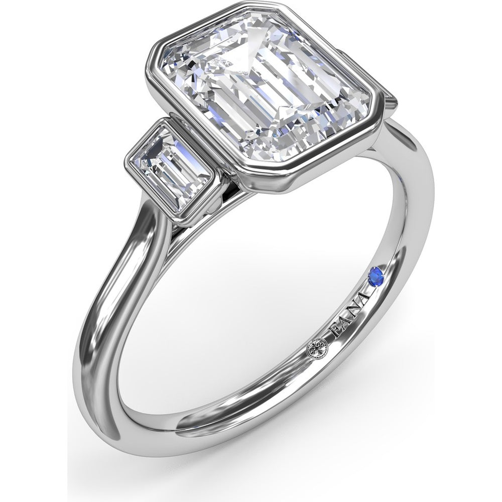 Three-Stone Emerald Cut Bezel Engagement Ring Setting with Peek-A-Boo Diamond by Fana