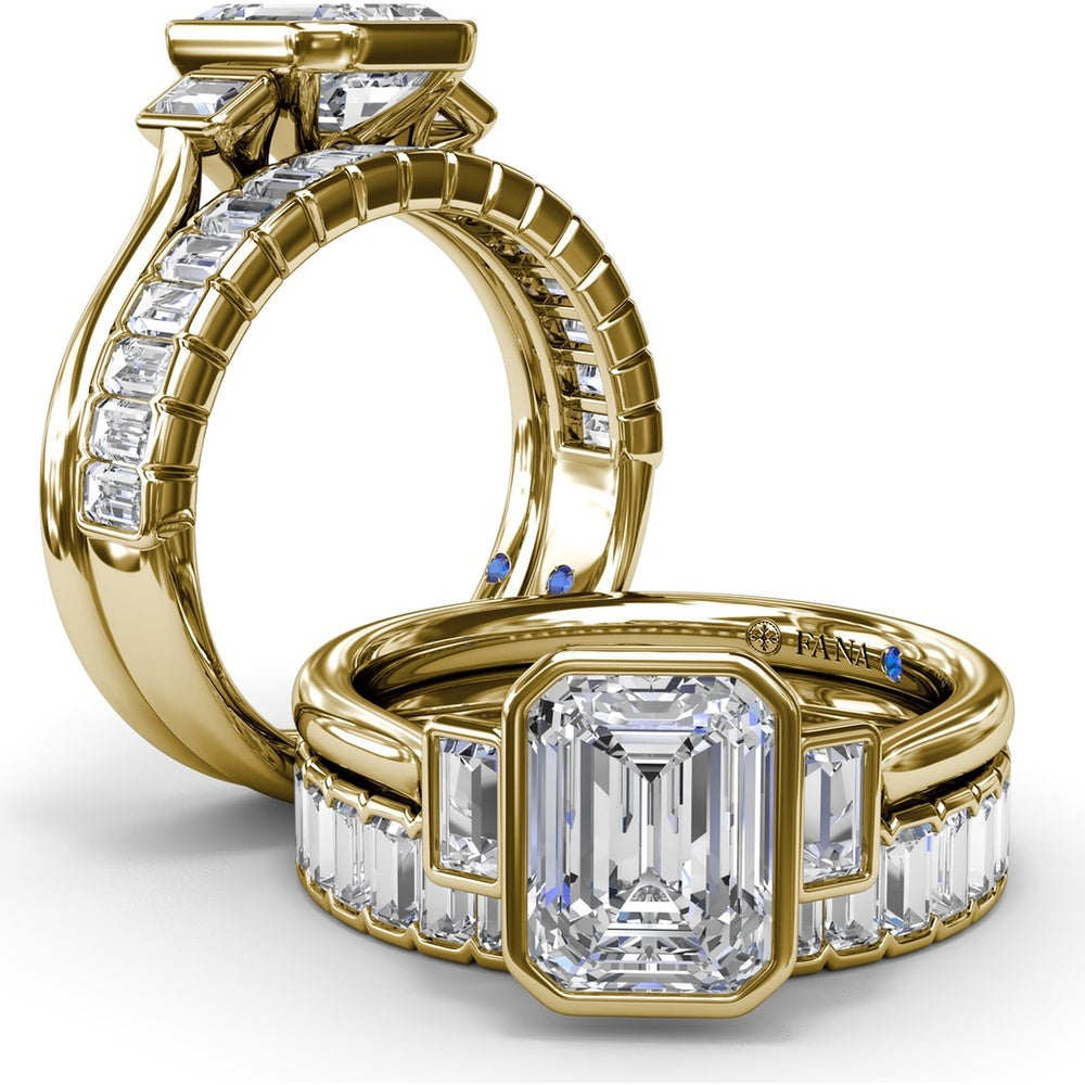 Three-Stone Emerald Cut Bezel Engagement Ring Setting with Peek-A-Boo Diamond by Fana