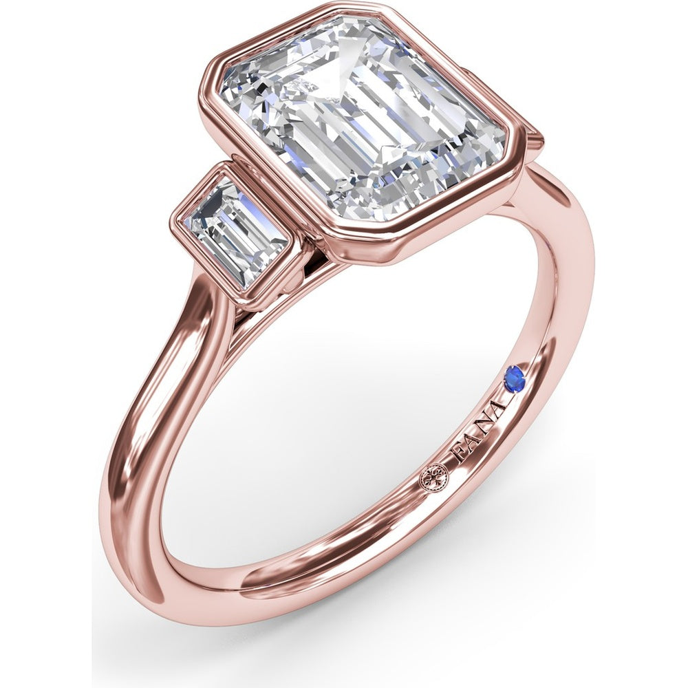 Three-Stone Emerald Cut Bezel Engagement Ring Setting with Peek-A-Boo Diamond by Fana