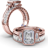 Three-Stone Emerald Cut Bezel Engagement Ring Setting with Peek-A-Boo Diamond by Fana