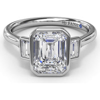 Three-Stone Emerald Cut Bezel Engagement Ring Setting with Peek-A-Boo Diamond by Fana