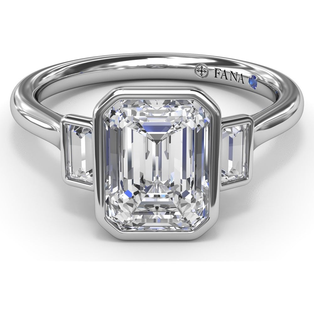 Three-Stone Emerald Cut Bezel Engagement Ring Setting with Peek-A-Boo Diamond by Fana