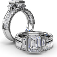 Three-Stone Emerald Cut Bezel Engagement Ring Setting with Peek-A-Boo Diamond by Fana
