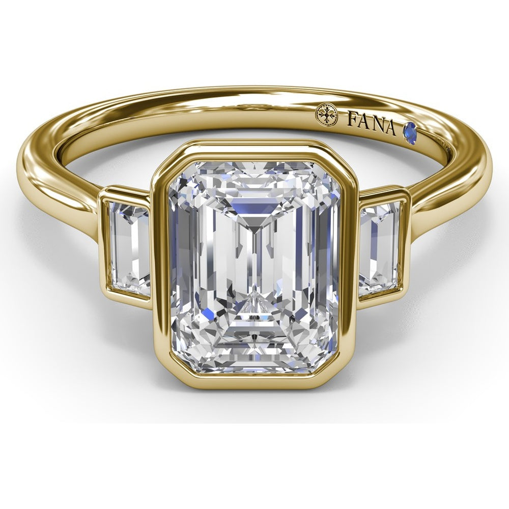 Three-Stone Emerald Cut Bezel Engagement Ring Setting with Peek-A-Boo Diamond by Fana