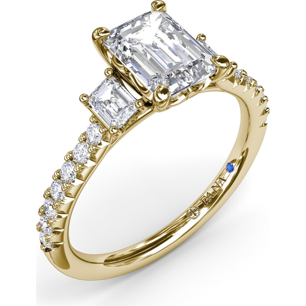 Three Stone Emerald Cut Diamond Engagement Ring Setting with Pavé Band - 0.53 Carat Total Side Stone Weight by Fana
