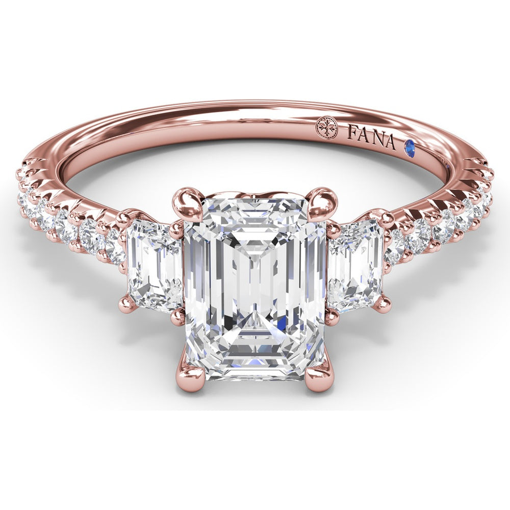 Three Stone Emerald Cut Diamond Engagement Ring Setting with Pavé Band - 0.53 Carat Total Side Stone Weight by Fana