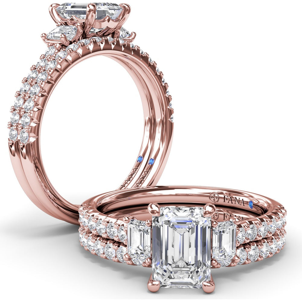 Three Stone Emerald Cut Diamond Engagement Ring Setting with Pavé Band - 0.53 Carat Total Side Stone Weight by Fana