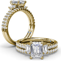 Three Stone Emerald Cut Diamond Engagement Ring Setting with Pavé Band - 0.53 Carat Total Side Stone Weight by Fana