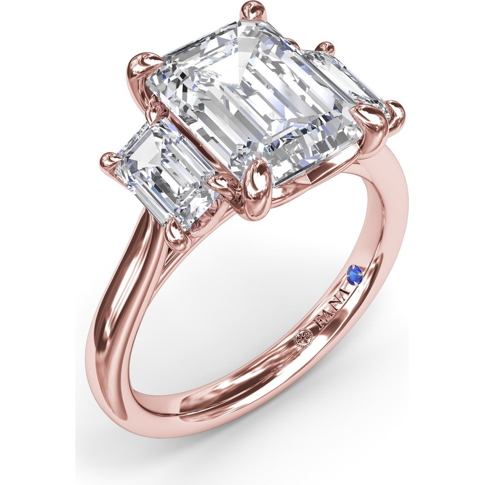 Three Stone Emerald Cut Diamond Engagement Ring Setting with Side Stones by Fana - 0.92 Carat Total Diamond Weight