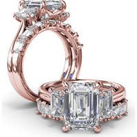 Three Stone Emerald Cut Diamond Engagement Ring Setting with Side Stones by Fana - 0.92 Carat Total Diamond Weight