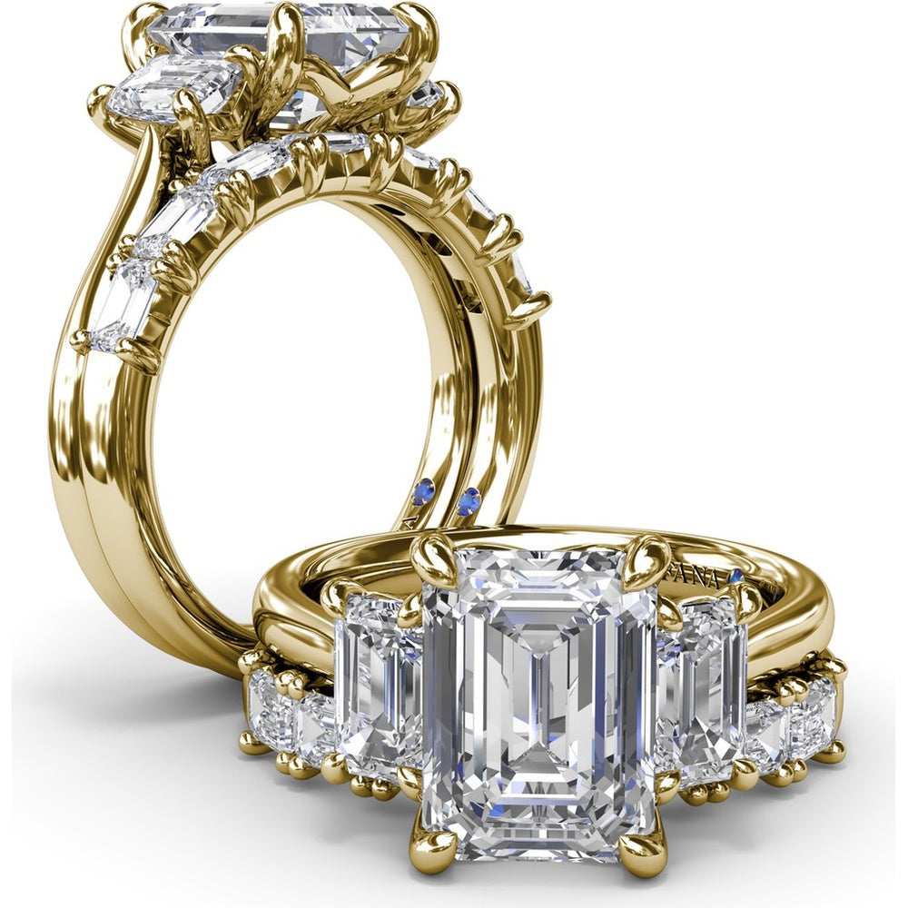 Three Stone Emerald Cut Diamond Engagement Ring Setting with Side Stones by Fana - 0.92 Carat Total Diamond Weight