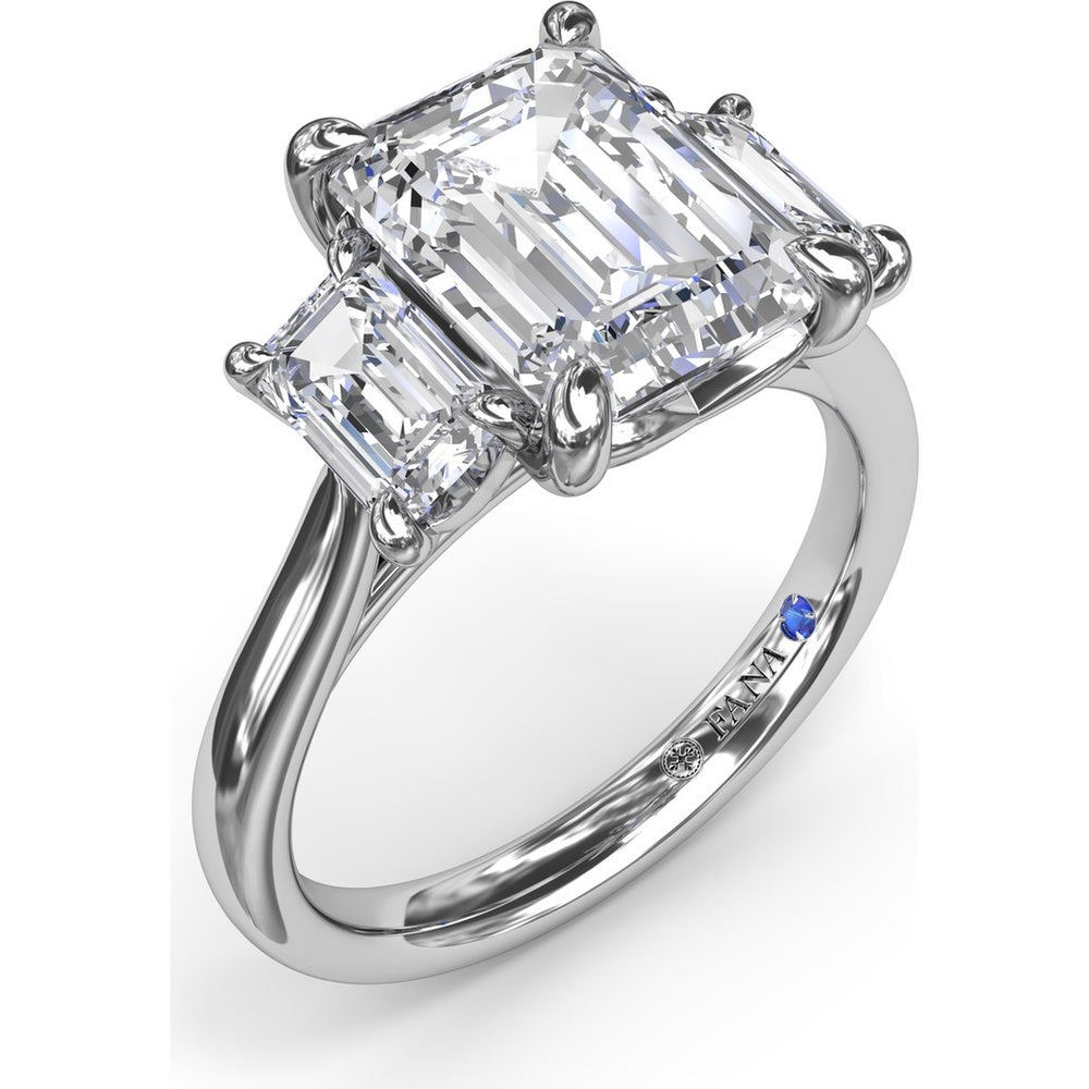 Three Stone Emerald Cut Diamond Engagement Ring Setting with Side Stones by Fana - 0.92 Carat Total Diamond Weight