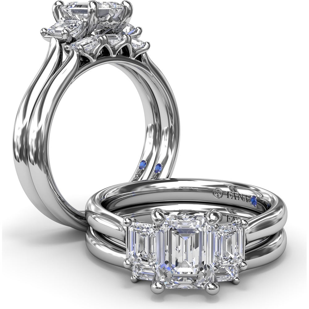 Three-Stone Emerald-Cut Engagement Ring Setting with Tapered Band and Blue Sapphire Accent by Fana