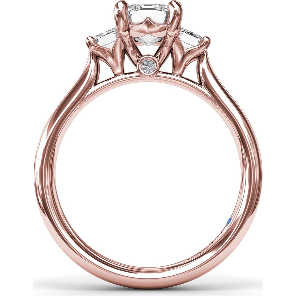 Three-Stone Emerald-Cut Engagement Ring Setting with Tapered Band and Blue Sapphire Accent by Fana