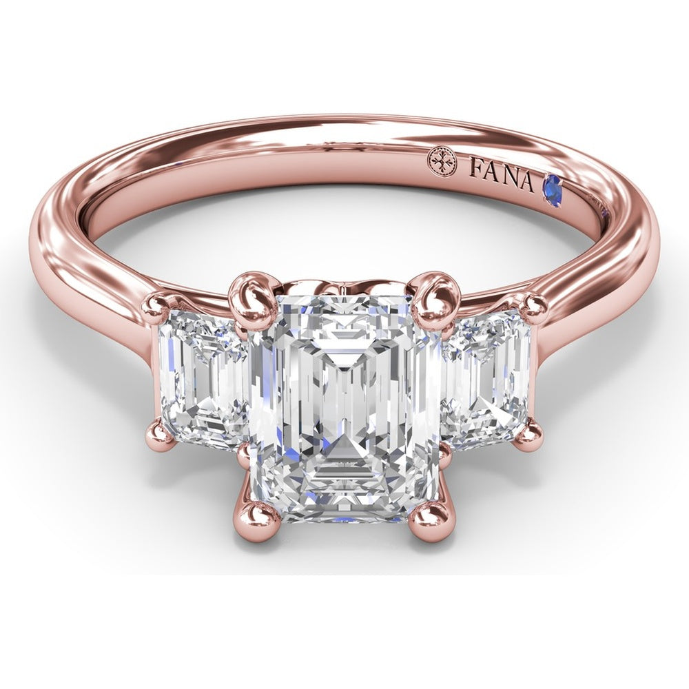 Three-Stone Emerald-Cut Engagement Ring Setting with Tapered Band and Blue Sapphire Accent by Fana