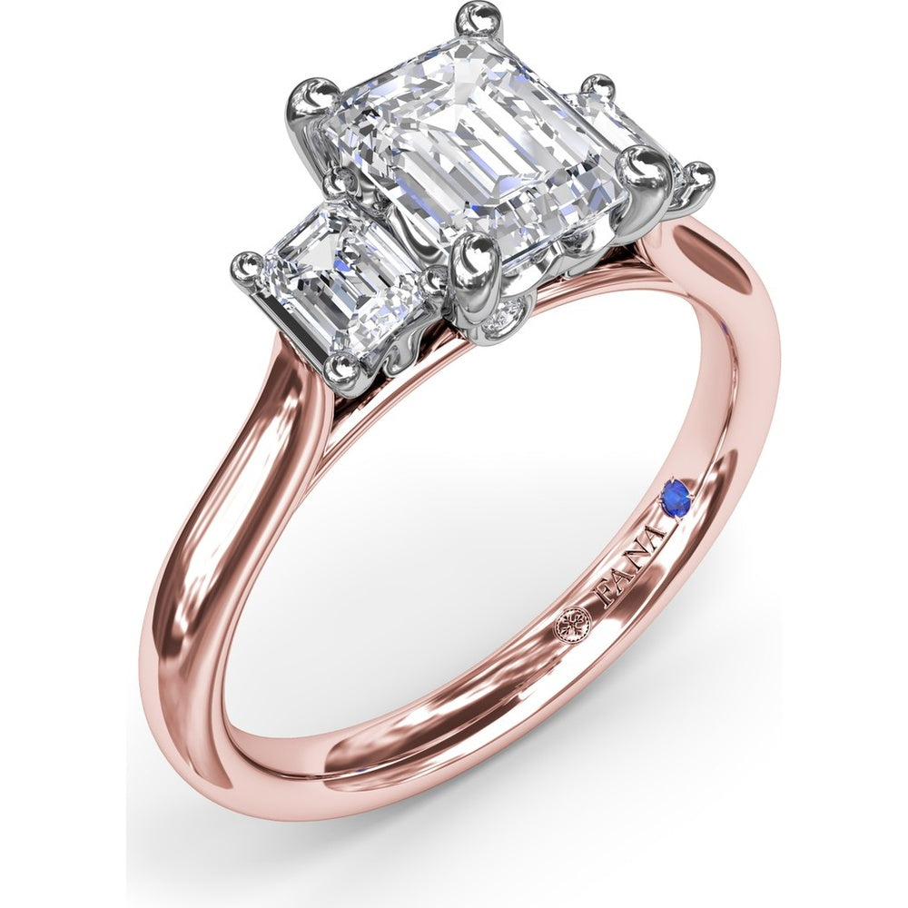 Three-Stone Emerald-Cut Engagement Ring Setting with Tapered Band and Blue Sapphire Accent by Fana