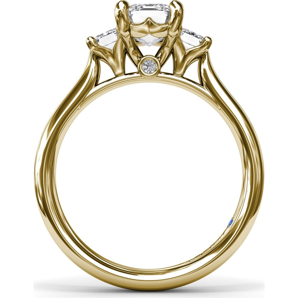 Three-Stone Emerald-Cut Engagement Ring Setting with Tapered Band and Blue Sapphire Accent by Fana