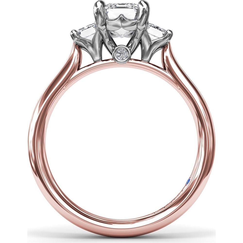 Three-Stone Emerald-Cut Engagement Ring Setting with Tapered Band and Blue Sapphire Accent by Fana