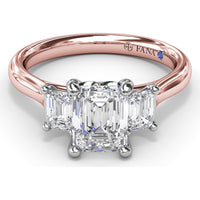 Three-Stone Emerald-Cut Engagement Ring Setting with Tapered Band and Blue Sapphire Accent by Fana