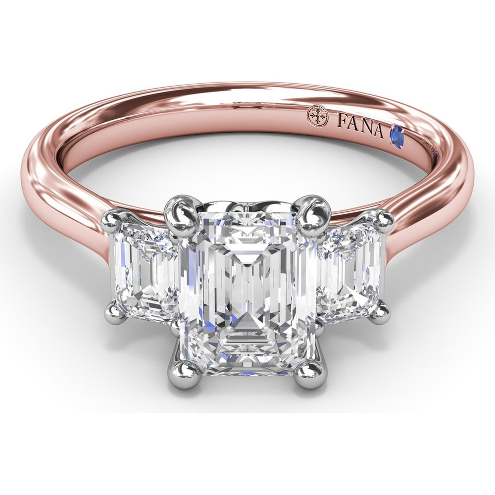 Three-Stone Emerald-Cut Engagement Ring Setting with Tapered Band and Blue Sapphire Accent by Fana