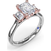 Three-Stone Emerald-Cut Engagement Ring Setting with Tapered Band and Blue Sapphire Accent by Fana